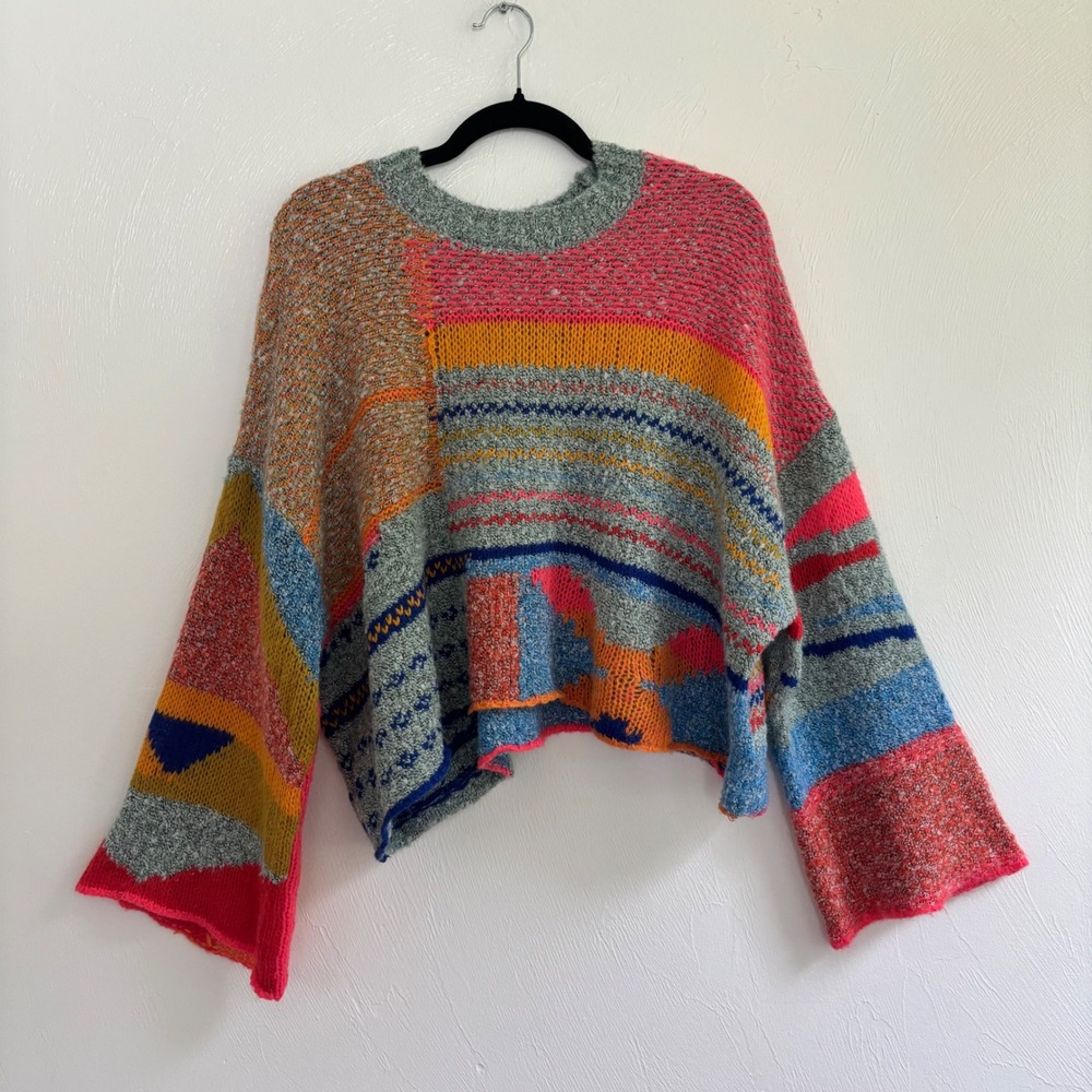 Moon & Madison Sweater Large Multicolor Colorblock Knit Pullover Top Wide Sleeve